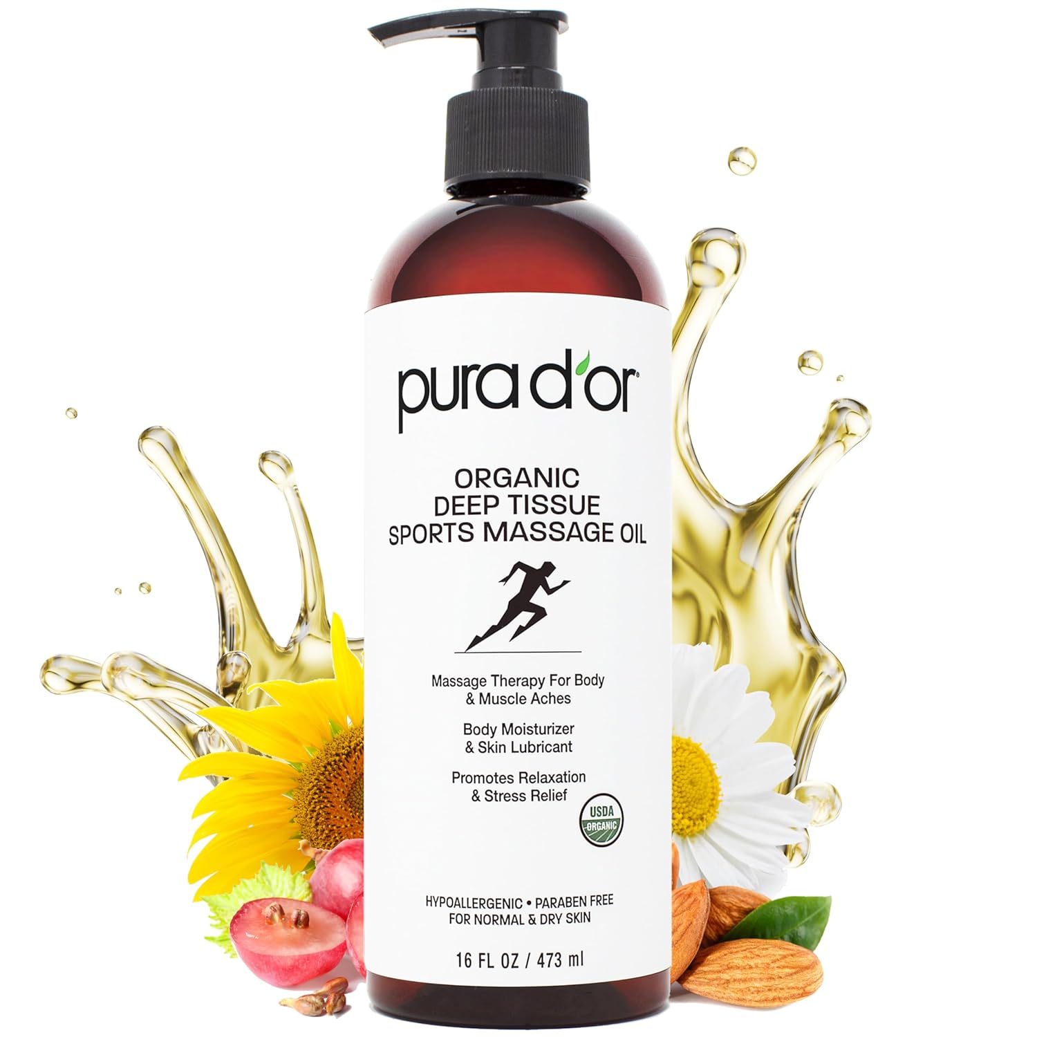 PURA D'OR 16 Oz Organic Deep Tissue Sports Massage Oil for Toned Sore Muscles - Jojoba Oil, Sunflower Oil, Almond Oil, Grapefruit Oil & Eucalyptus Oil - Alleviate Muscle Soreness-0