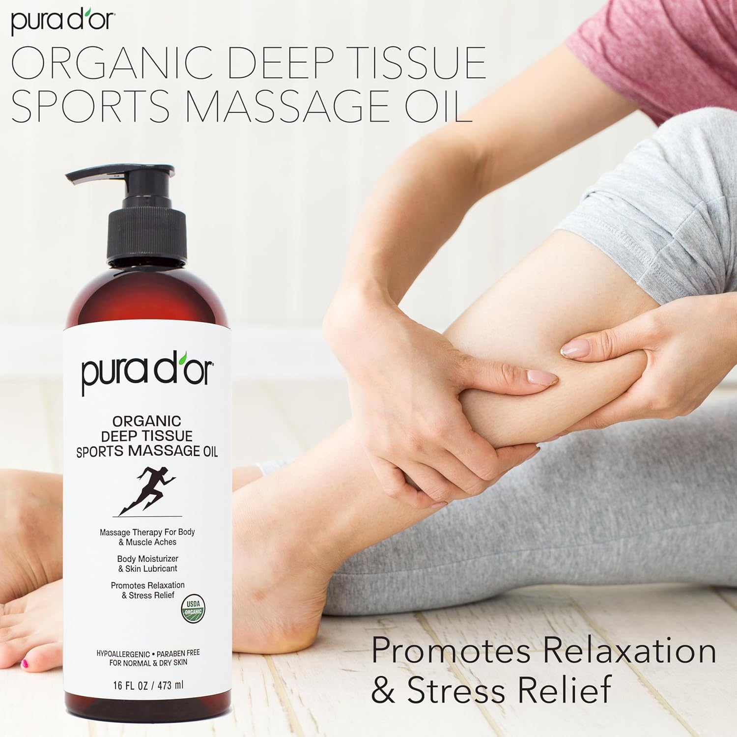 PURA D'OR 16 Oz Organic Deep Tissue Sports Massage Oil for Toned Sore Muscles - Jojoba Oil, Sunflower Oil, Almond Oil, Grapefruit Oil & Eucalyptus Oil - Alleviate Muscle Soreness-3