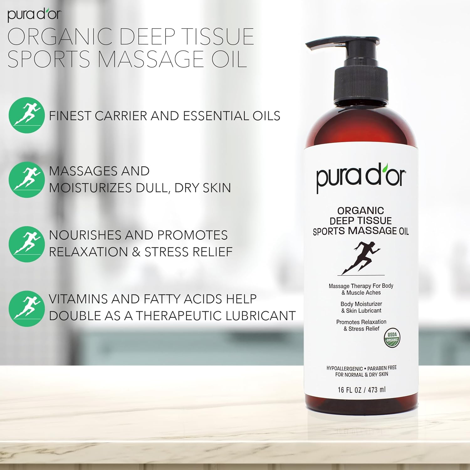 PURA D'OR 16 Oz Organic Deep Tissue Sports Massage Oil for Toned Sore Muscles - Jojoba Oil, Sunflower Oil, Almond Oil, Grapefruit Oil & Eucalyptus Oil - Alleviate Muscle Soreness-5