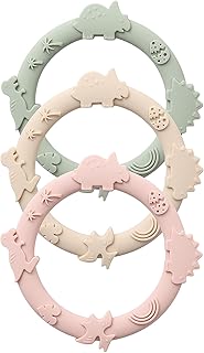 Silicone Teethers for Babies 0-6 6-12 Months Teething Toys for Infants Baby Chew Toys for Sucking Needs Baby Teething Rings for Infant Boys and Girls 3 Pack-Dinosaur-Blush