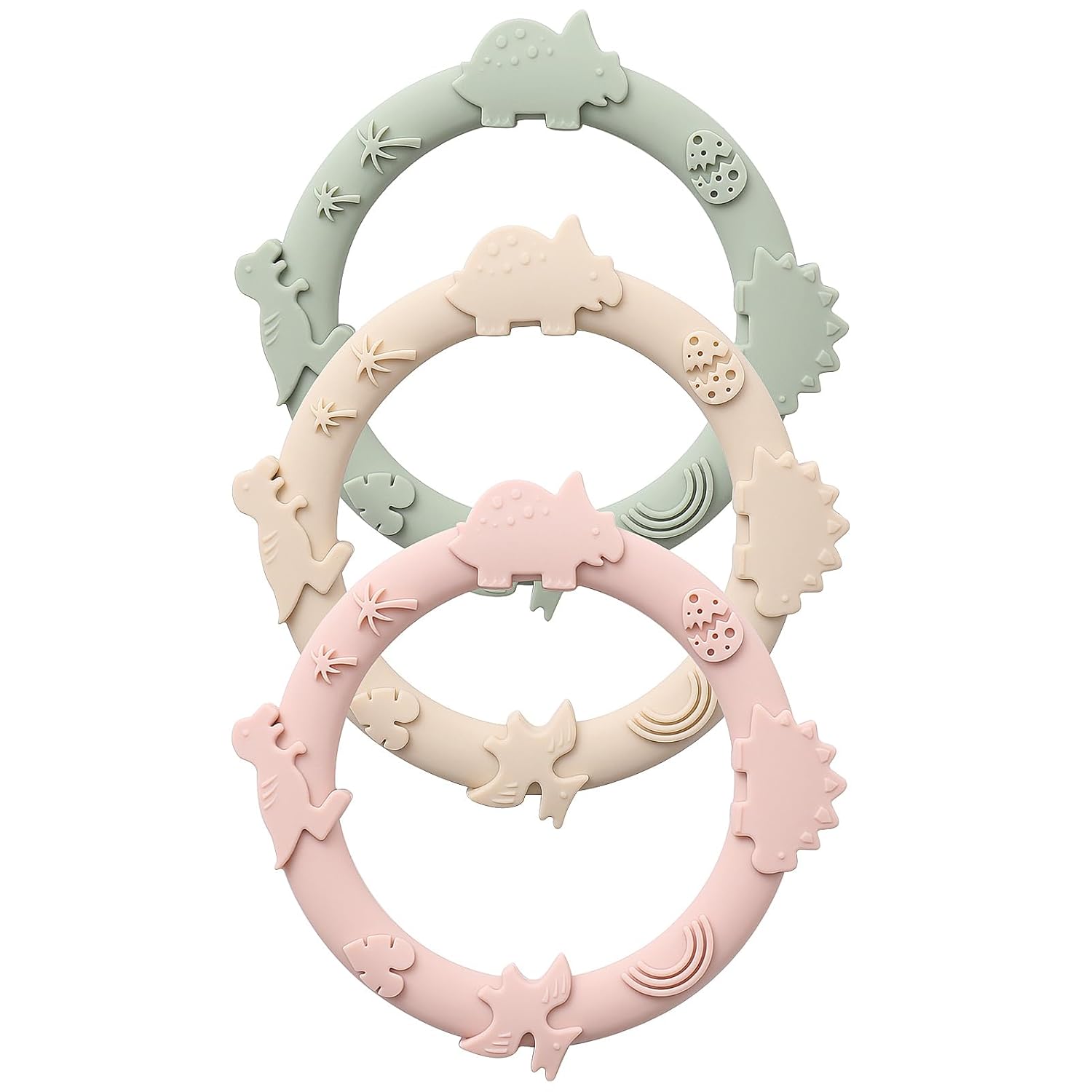 Silicone Teethers for Babies 0-6 6-12 Months Teething Toys for Infants Baby Chew Toys for Sucking Needs Baby Teething Rings for Infant Boys and Girls 3 Pack-Dinosaur-Blush-0