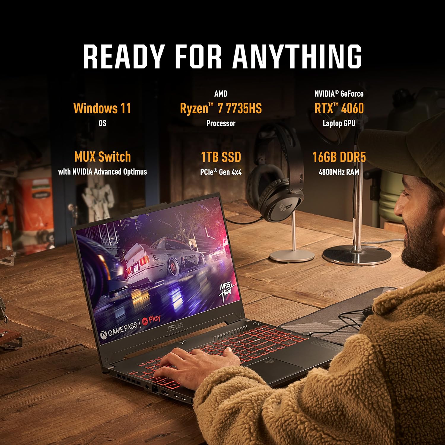 ASUS TUF Gaming A15 (2023) Gaming Laptop, 15.6” FHD 144Hz, 100% sRGB Display, GeForce RTX 4060, AMD Ryzen 7 7735HS, 16GB DDR5, 1TB PCIe SSD, Wi-Fi 6, Windows 11, FA507NV-EH74-3