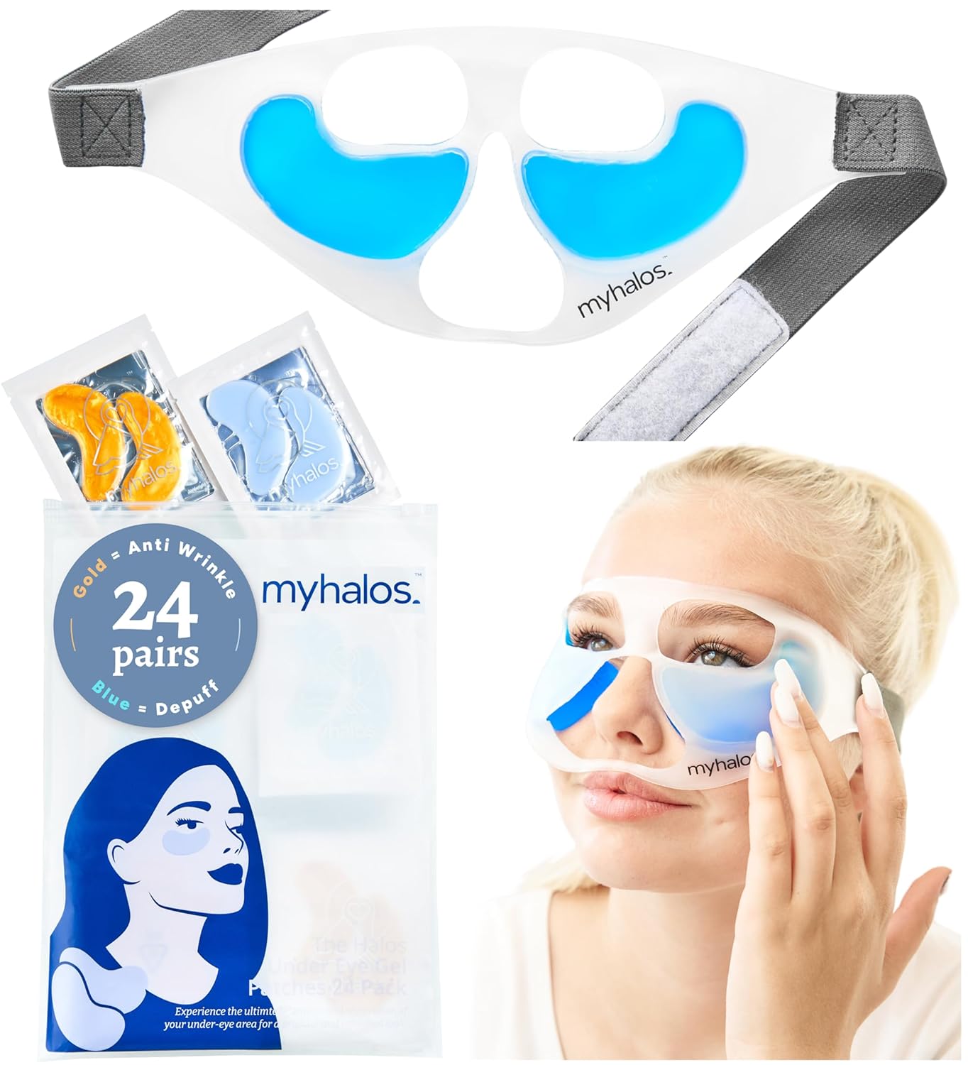 MyHalos Patented Eye Ice Pack for Puffy Eyes Set - Under Eye Masks for Dark Circles and Puffiness- 24 Eye Patches for Wrinkles - Under Eye Ice Pack With Under Eye Patches - Cold Eye Mask for Puffiness-0