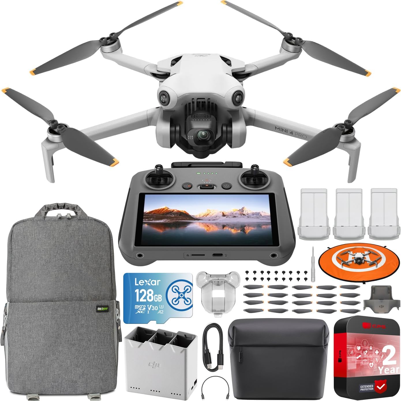 DJI Mini 4 Pro Folding Drone with RC 2 Remote (With Screen) Fly More Combo Plus, 4K HDR Video Camera for Adults, Under 249g,Omnidirectional Sensing, 3 Plus Batteries Bundle with Deco Gear Accessories-0