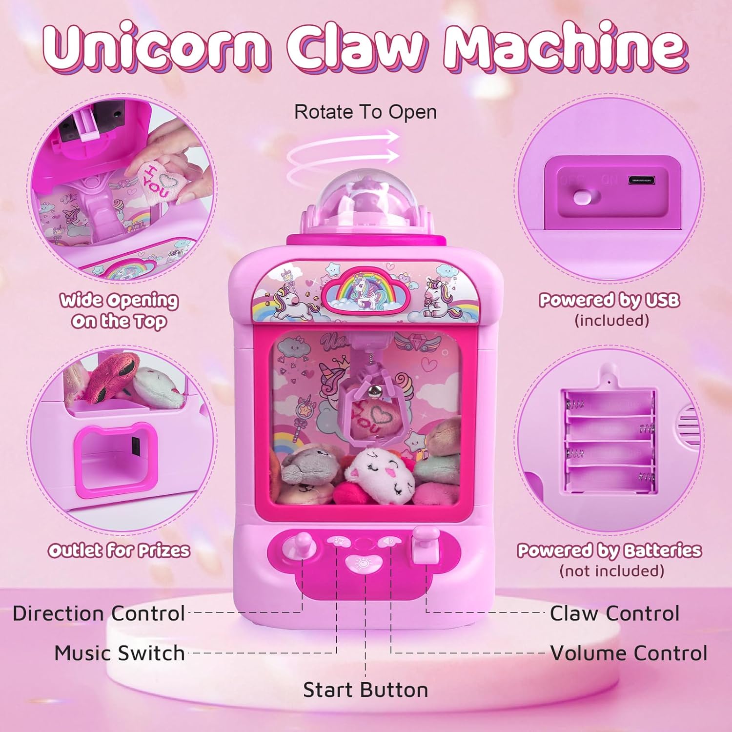 Claw Machine for Kids, Mini Vending Machine Girls Unicorn Toys, Candy Grabber Prize Dispenser with Sound & 20 Mini Plush Toys, Electronic Arcade Game Indoor Toy for Home Party Birthday Gifts-1