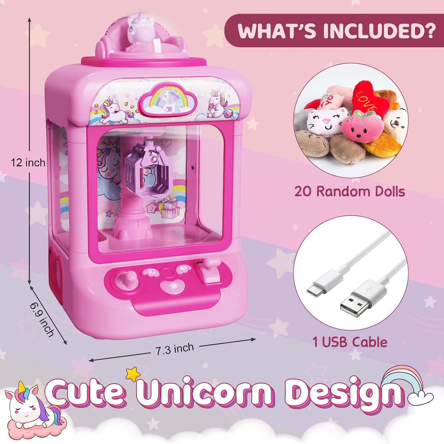 Claw Machine for Kids, Mini Vending Machine Girls Unicorn Toys, Candy Grabber Prize Dispenser with Sound & 20 Mini Plush Toys, Electronic Arcade Game Indoor Toy for Home Party Birthday Gifts-6