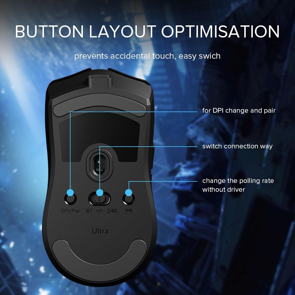 DeLUX M800 Ultra Wireless Gaming Mouse, Nordic 52840 MCU, PAW3395 26000DPI, 1000Hz Polling Rate, Tri-Mode Connection, 55g Lightweight, 120 Hours Endurance (600mAh-Black)-7