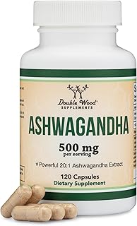 Ashwagandha Capsules, 120 Count (500mg Extract 20:1 Potency, Equivalent to 10,000mg Powder) Adaptogen Stress Relief by Double Wood