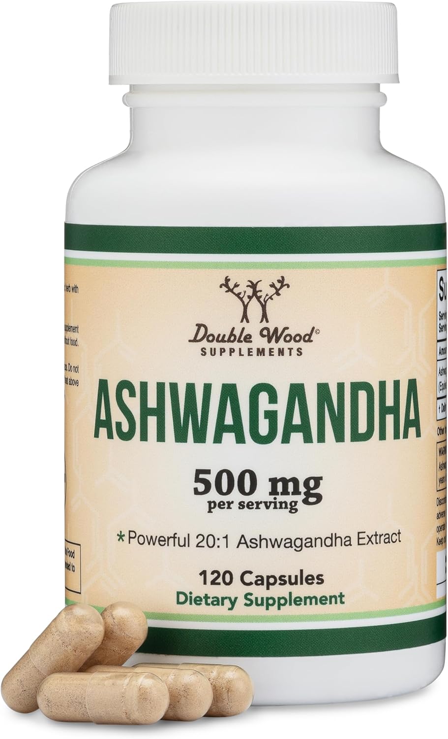 Ashwagandha Capsules, 120 Count (500mg Extract 20:1 Potency, Equivalent to 10,000mg Powder) Adaptogen Stress Relief by Double Wood-0