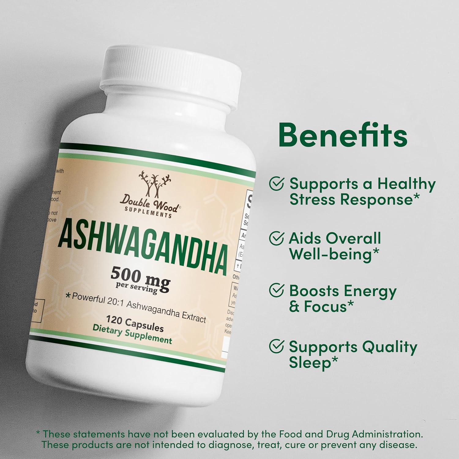 Ashwagandha Capsules, 120 Count (500mg Extract 20:1 Potency, Equivalent to 10,000mg Powder) Adaptogen Stress Relief by Double Wood-2