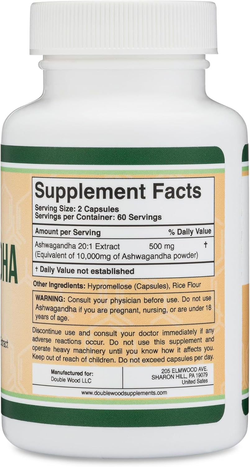 Ashwagandha Capsules, 120 Count (500mg Extract 20:1 Potency, Equivalent to 10,000mg Powder) Adaptogen Stress Relief by Double Wood-4