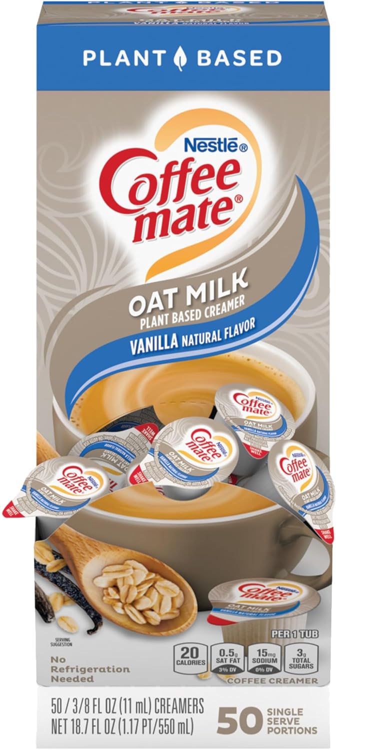 Nestle Coffee mate Plant Based Liquid Coffee Creamer Singles, Vanilla Flavored Oat Milk, 50 Ct Box with By The Cup Coffee Scoop-1