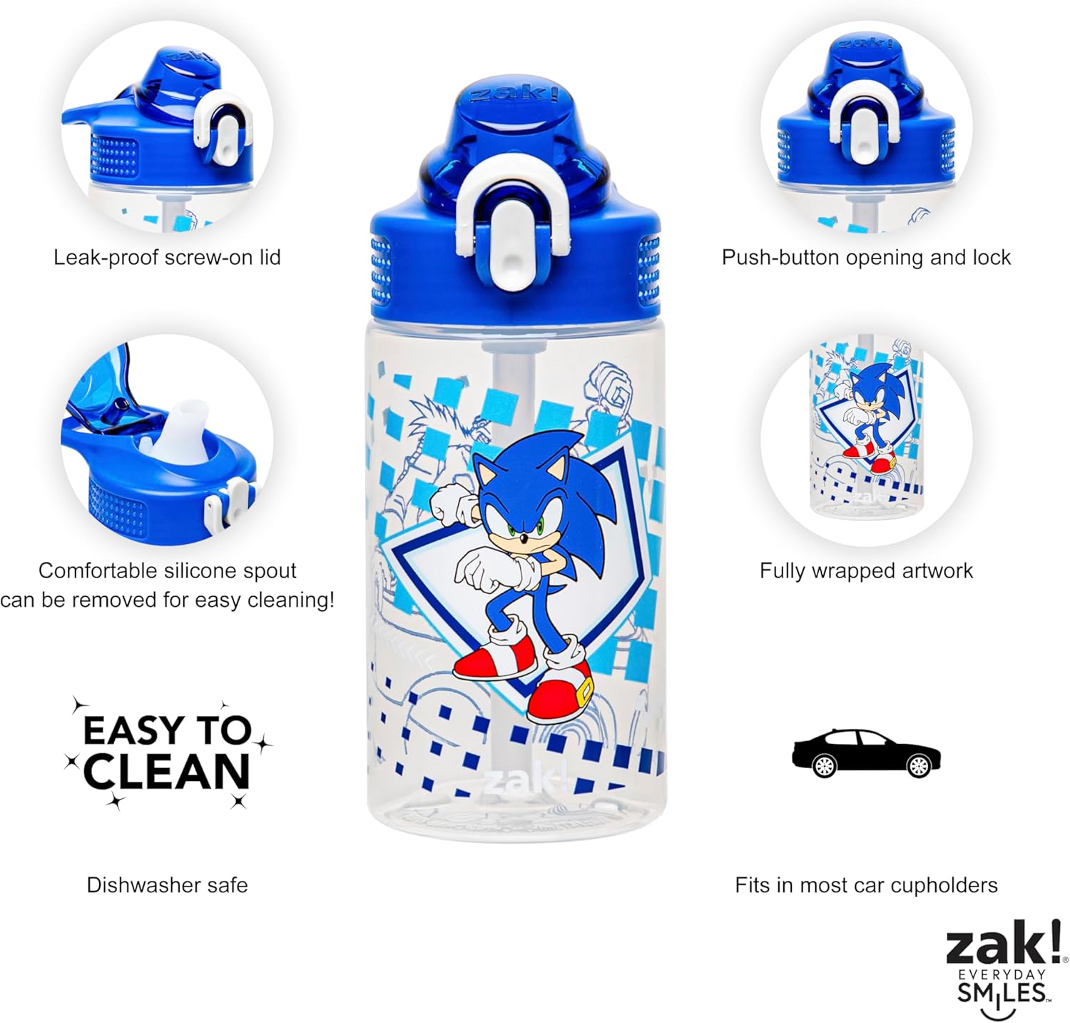 Zak Designs Sage Sonic the Hedgehog Water Bottle For School or Travel, 16oz Durable Plastic Water Bottle With Straw, Handle, and Leak-Proof, Pop-Up Spout Cover (Sonic, Eggman)-4