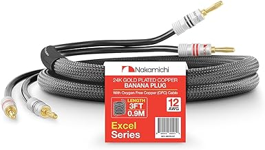 Nakamichi Excel Series 24k Gold Plated Banana Plug with (3 Feet) 12AWG Speaker Cable Wire 99.9% Oxygen-Free Copper (OFC) Heavy Duty Braided for Amplifier Hi-Fi Home Theatre - Black (3ft/0.9m)