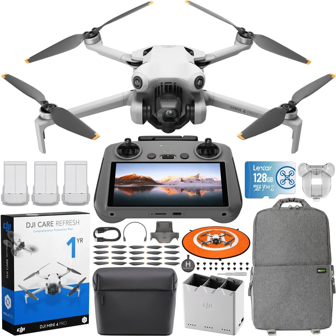 DJI Mini 4 Pro Folding Drone with RC 2 Remote (With Screen) Fly More Combo Plus, 4K HDR, Under 249g, Omnidirectional Sensing, 3 Plus Batteries Bundle with 1 Year DJI Care Refresh Plan & Accessories-0