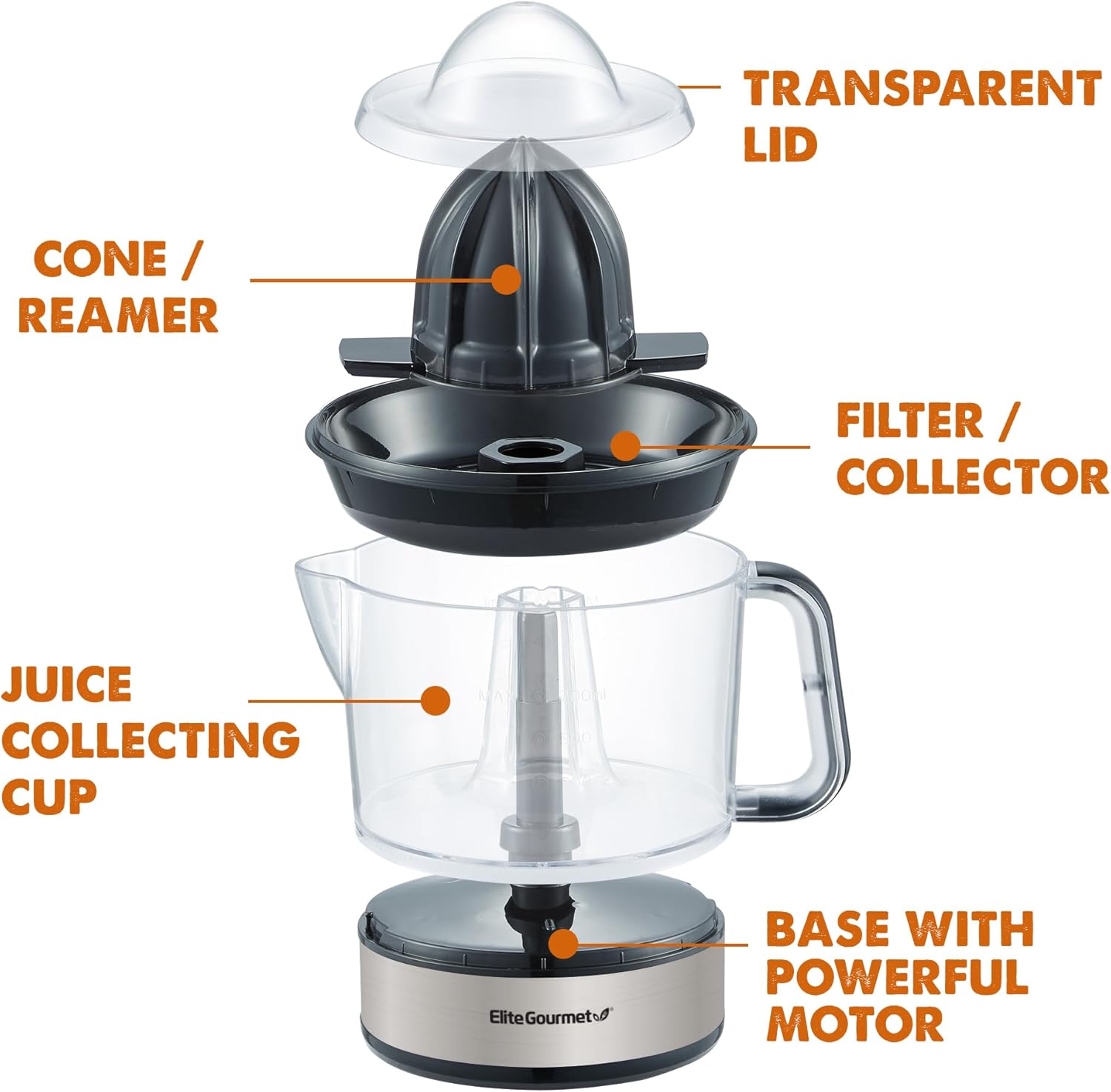 Elite Gourmet ETS623 BPA-Free Electric Citrus Juicer, Compact, Large Volume, Pulp Control, Oranges, Lemons, Limes, Grapefruits with Easy Pour Spout, 24oz, Black/Stainless Steel-1