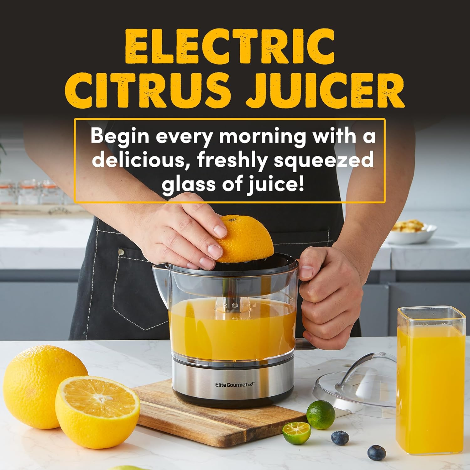 Elite Gourmet ETS623 BPA-Free Electric Citrus Juicer, Compact, Large Volume, Pulp Control, Oranges, Lemons, Limes, Grapefruits with Easy Pour Spout, 24oz, Black/Stainless Steel-2