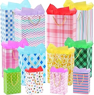 Moretoes 12 Pack Gift Bags Assorted Sizes and Designs, Gift Bag Set with Handle and Tissue Paper for Birthday, Baby Showers, Wedding, Valentine's Day (4 Small 8", 4 Large 13", 4 Extra Large 16")