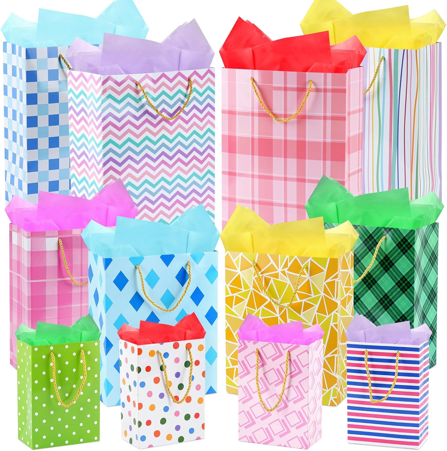 Moretoes 12 Pack Gift Bags Assorted Sizes and Designs, Gift Bag Set with Handle and Tissue Paper for Birthday, Baby Showers, Wedding, Valentine's Day (4 Small 8", 4 Large 13", 4 Extra Large 16")-0