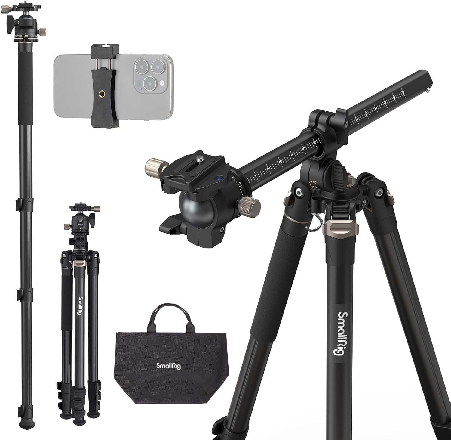 SmallRig CT200 Camera Tripod, 73" Video Tripod 360° Rotation Center Column Horizontal Tripod Monopod with Smartphone Holder, Carrying Bag, Weight Bag for DSLR Camera, Max Load 33lb-4288-0