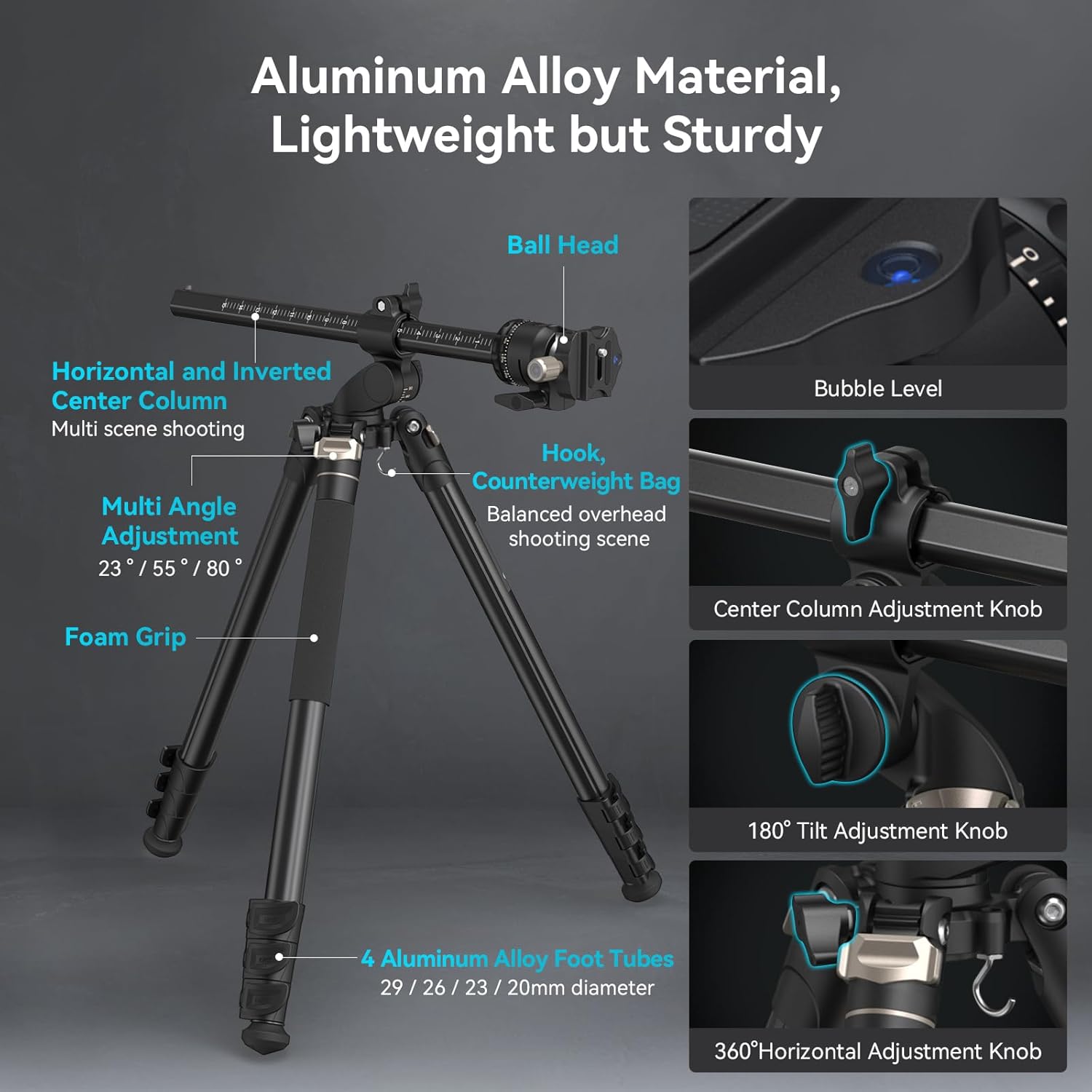 SmallRig CT200 Camera Tripod, 73" Video Tripod 360° Rotation Center Column Horizontal Tripod Monopod with Smartphone Holder, Carrying Bag, Weight Bag for DSLR Camera, Max Load 33lb-4288-3