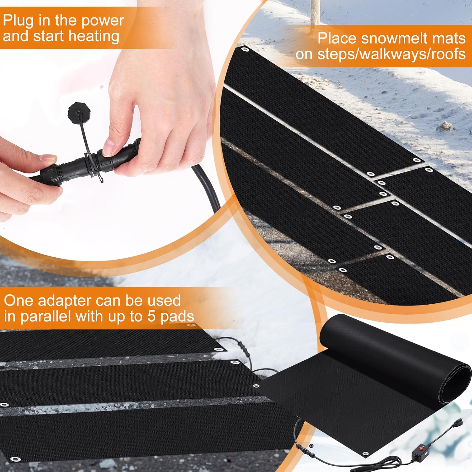 5 Pcs Heated Snow Melting Mats Outdoor Heated Driveway Mats Snow and Ice Melting Pad with Power Cord for Winter Stairs, Steps, Doorway, Sidewalk, Garages, Decks (10 x 30 Inch)-2