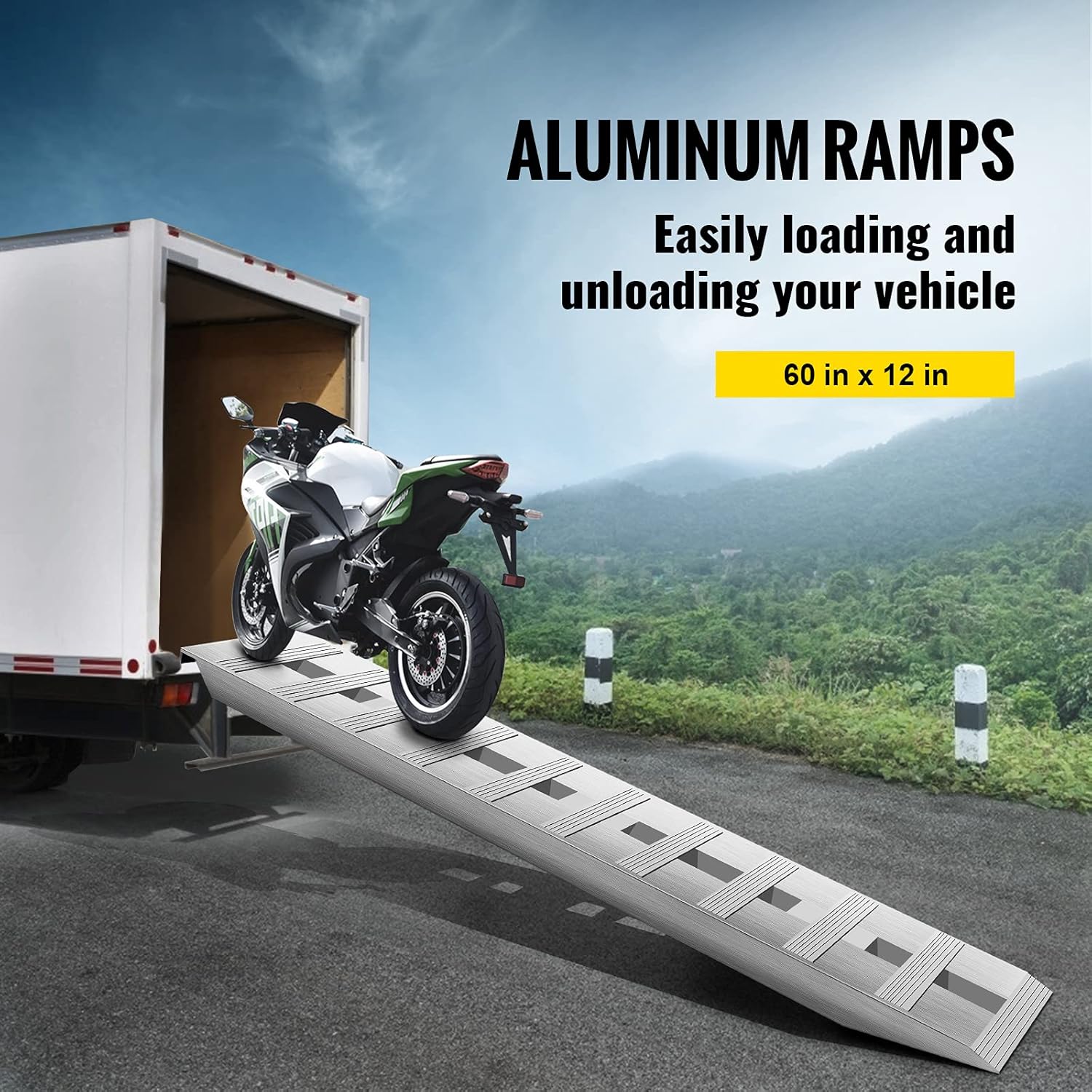 VEVOR Aluminum Ramps, 6000 lbs, Heavy-Duty Ramps with Top Hook Attaching End, Universal Loading Ramp for Motorcycle, Tractor, ATV/UTV, Trucks, Lawn Mower, 60" L x 12" W, 2Pcs-2