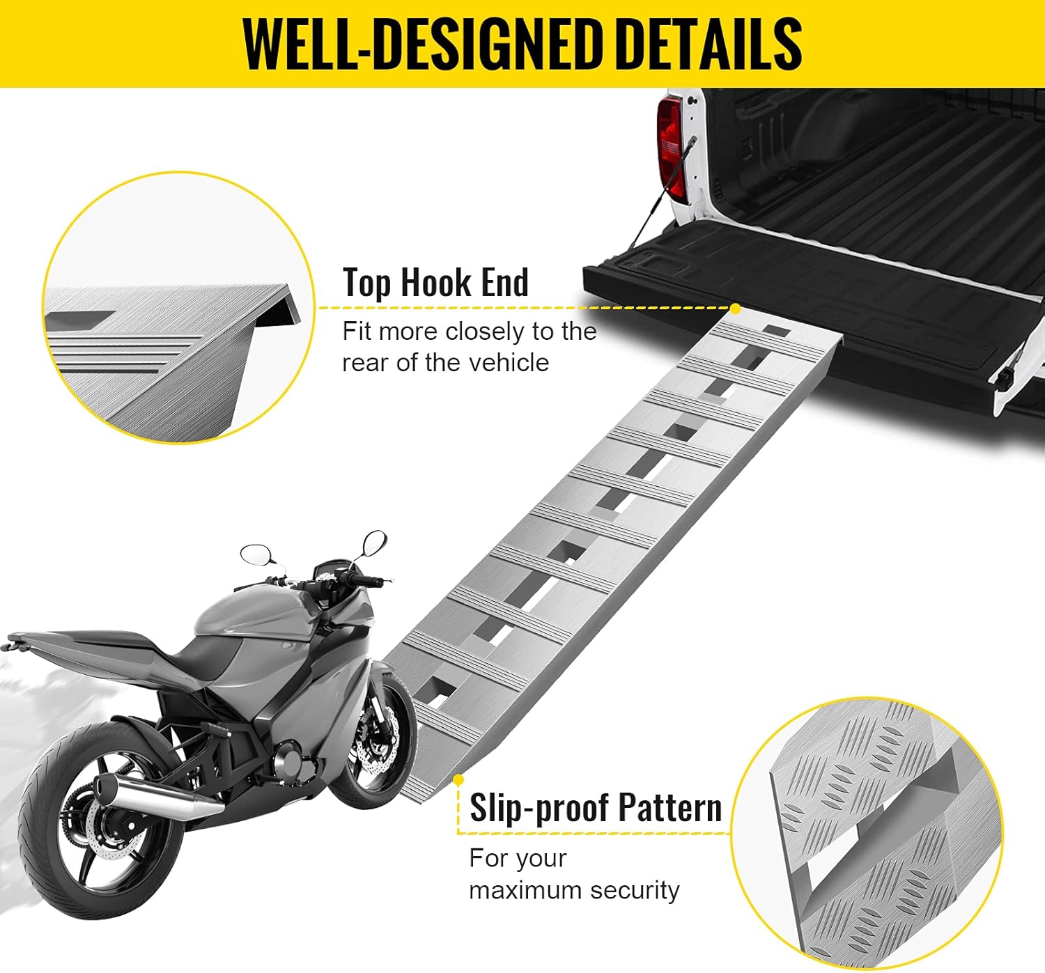 VEVOR Aluminum Ramps, 6000 lbs, Heavy-Duty Ramps with Top Hook Attaching End, Universal Loading Ramp for Motorcycle, Tractor, ATV/UTV, Trucks, Lawn Mower, 60" L x 12" W, 2Pcs-3