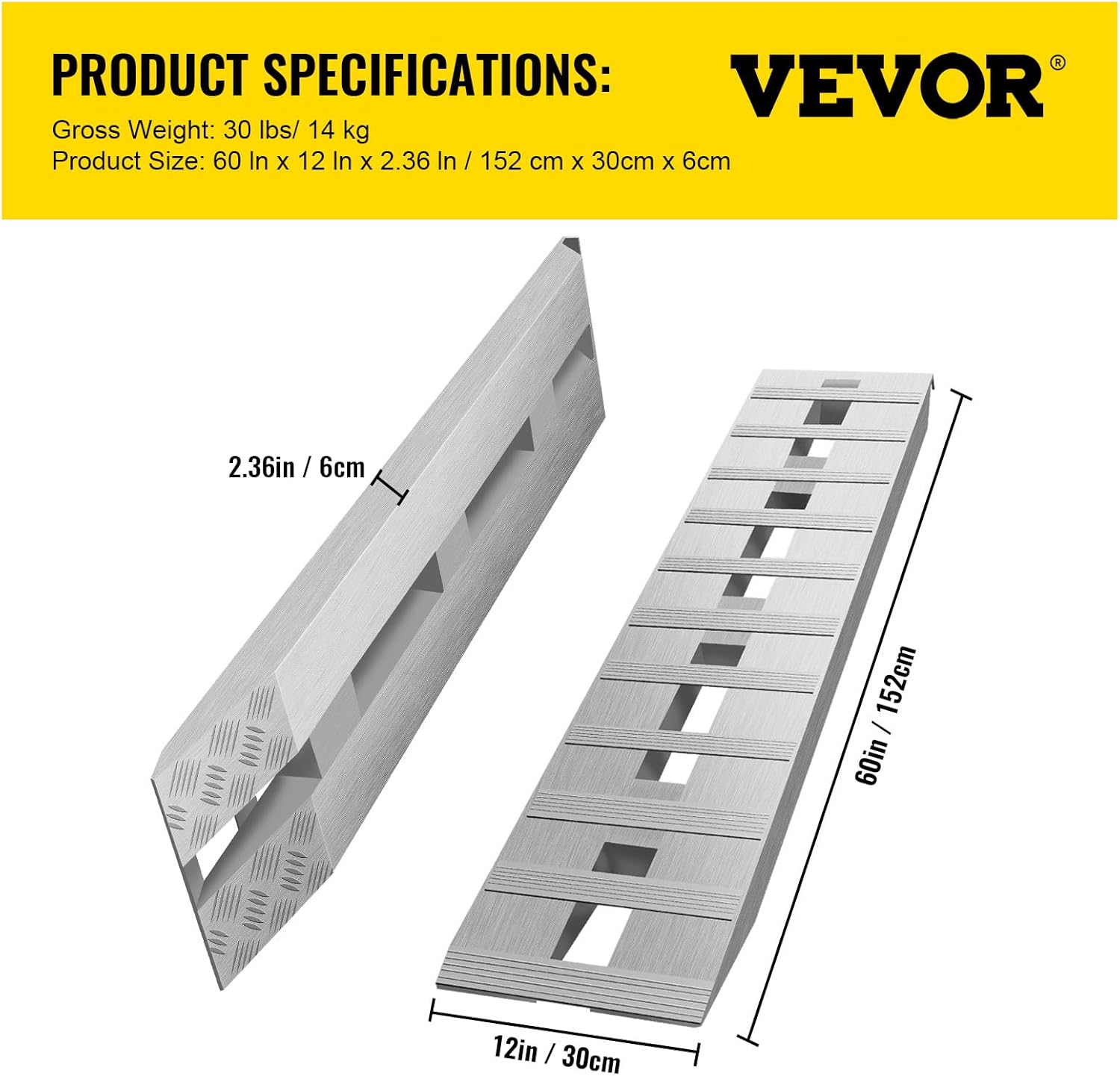 VEVOR Aluminum Ramps, 6000 lbs, Heavy-Duty Ramps with Top Hook Attaching End, Universal Loading Ramp for Motorcycle, Tractor, ATV/UTV, Trucks, Lawn Mower, 60" L x 12" W, 2Pcs-7