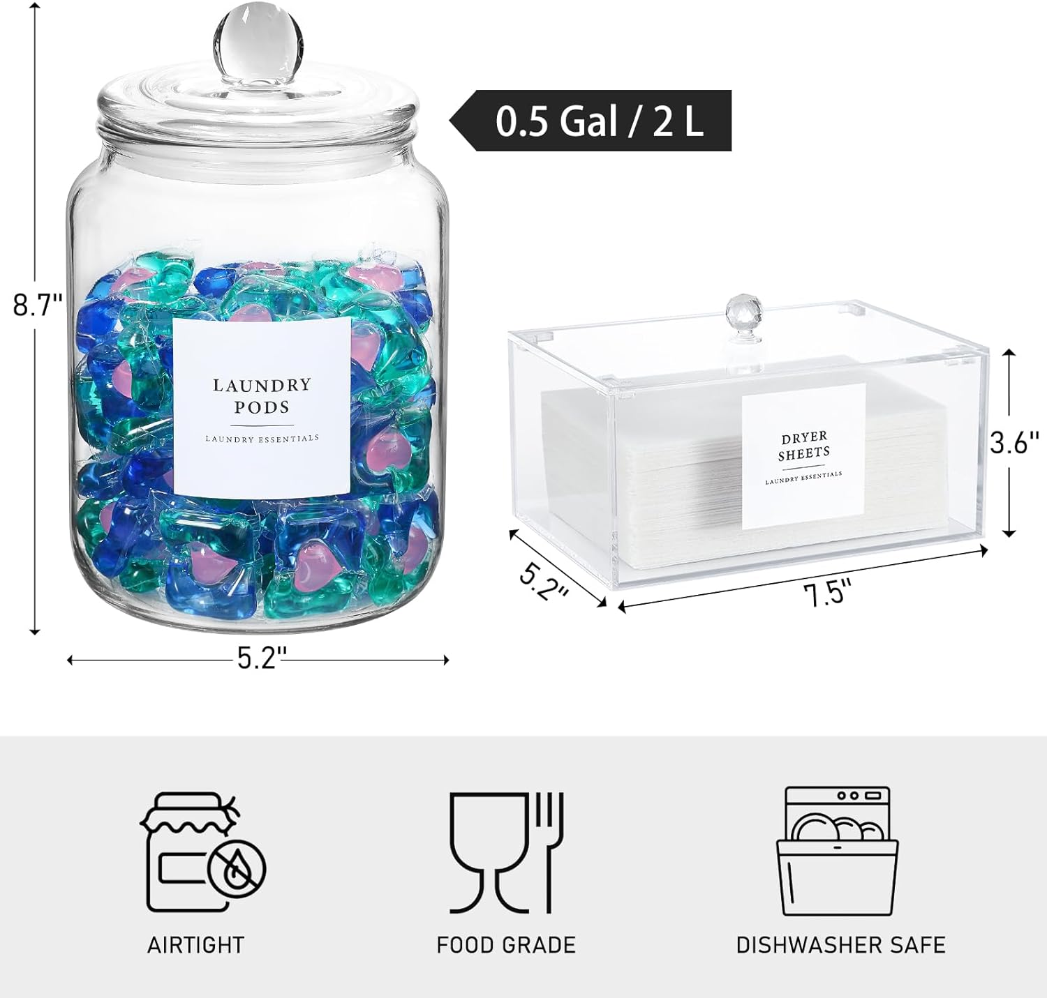 Glass Jars and Dryer Sheet Holder, Dispenser Set with Lids and Labels, Containers for Laundry Room Organization and Storage, Half Gallon Airtight Glass jars, Acrylic Storage Box for Laundry supplies,-6