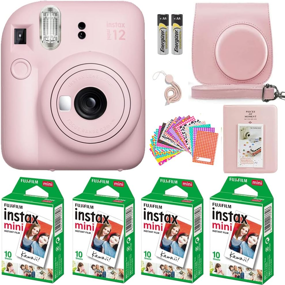 Fujifilm Instax Mini 12 Instant Camera Pastel Blue with Film Value Pack (40 Sheets) + Accessories Including Galaxy Carrying Case Strap, Photo Album, Stickers (Pink)-0