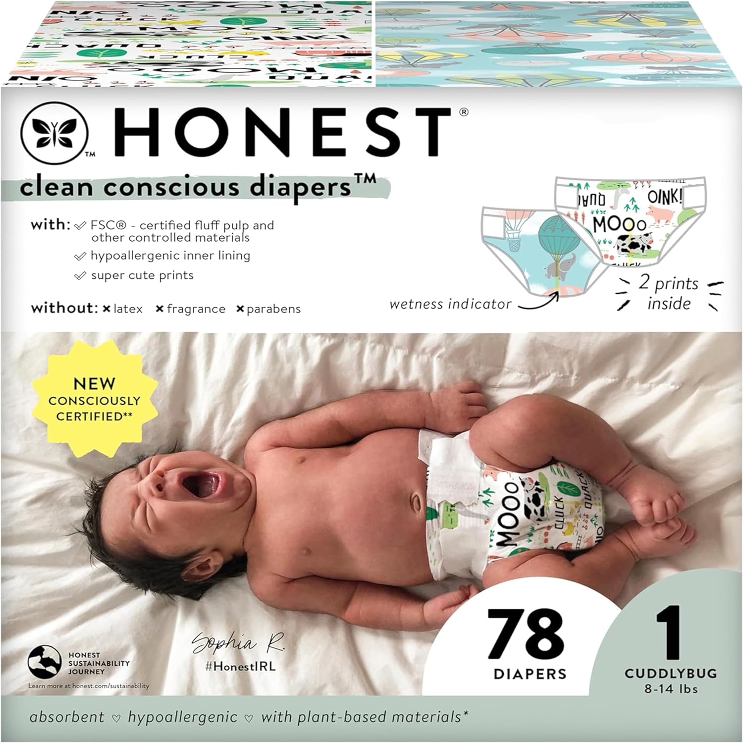 The Honest Company Clean Conscious Diapers | Plant-Based, Sustainable | Above It All + Barnyard Babies | Club Box, Size 1 (8-14 lbs), 78 Count-0