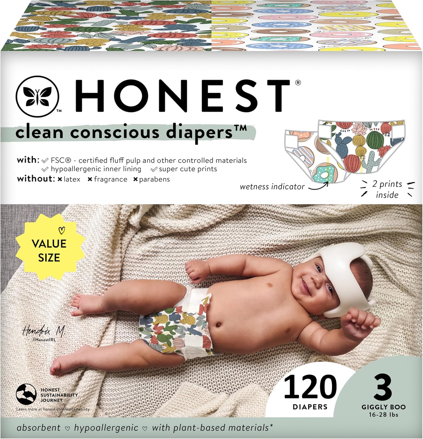 The Honest Company Clean Conscious Diapers | Plant-Based, Sustainable | Cactus Cuties + Donuts | Super Club Box, Size 3 (16-28 lbs), 120 Count-0