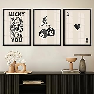 Heiple Framed Set of 3 Poker Wall Art Lucky You Poster, Trendy Retro Print Wall Decor for Queen of Hearts Wall Art Rustic Vintage Farmhouse Home Wall Decor（Black 12"x16"）