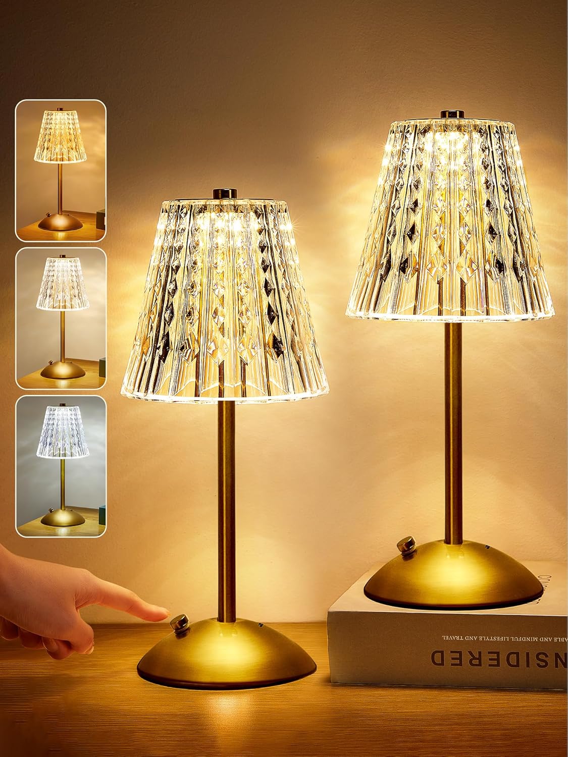 One Fire Nightstand Lamps Set of 2, Dimmable Crystal Table Lamp 3 Colors Gold Lamp,Touch Lamp Bedroom Lamps, Rechargeable Small Lamp, Bedside Lamps Set of 2 for Bedroom Living Room Bathroom Hotel Bar-0