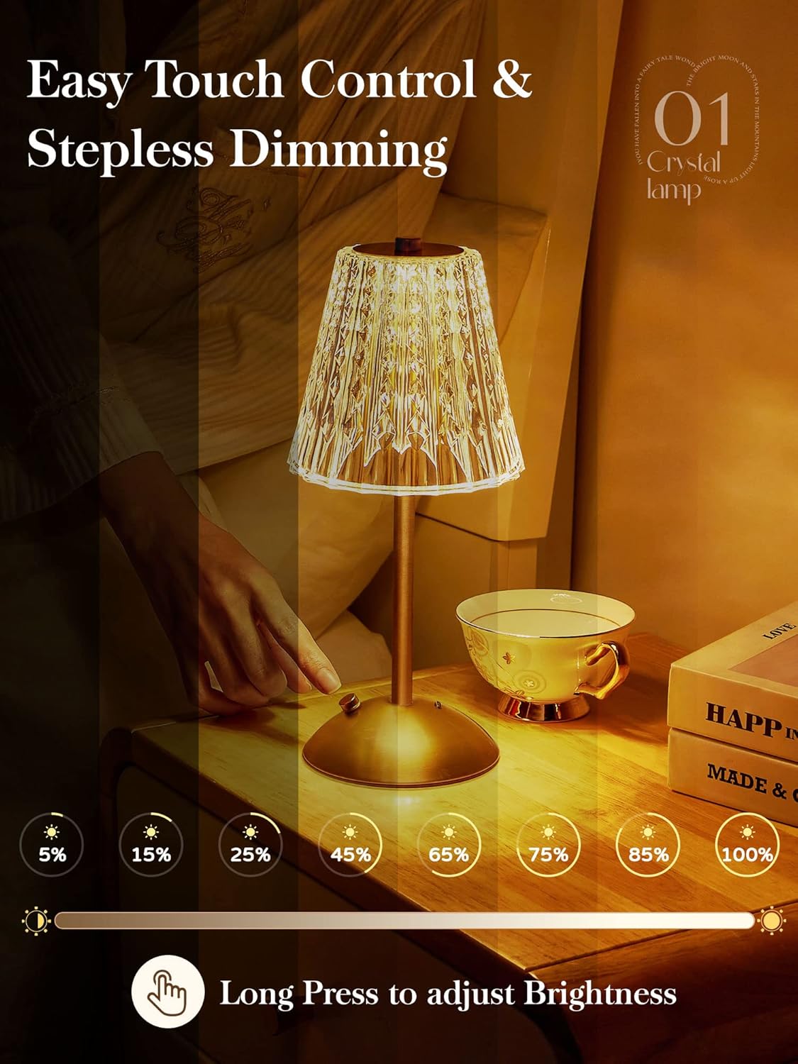 One Fire Nightstand Lamps Set of 2, Dimmable Crystal Table Lamp 3 Colors Gold Lamp,Touch Lamp Bedroom Lamps, Rechargeable Small Lamp, Bedside Lamps Set of 2 for Bedroom Living Room Bathroom Hotel Bar-1