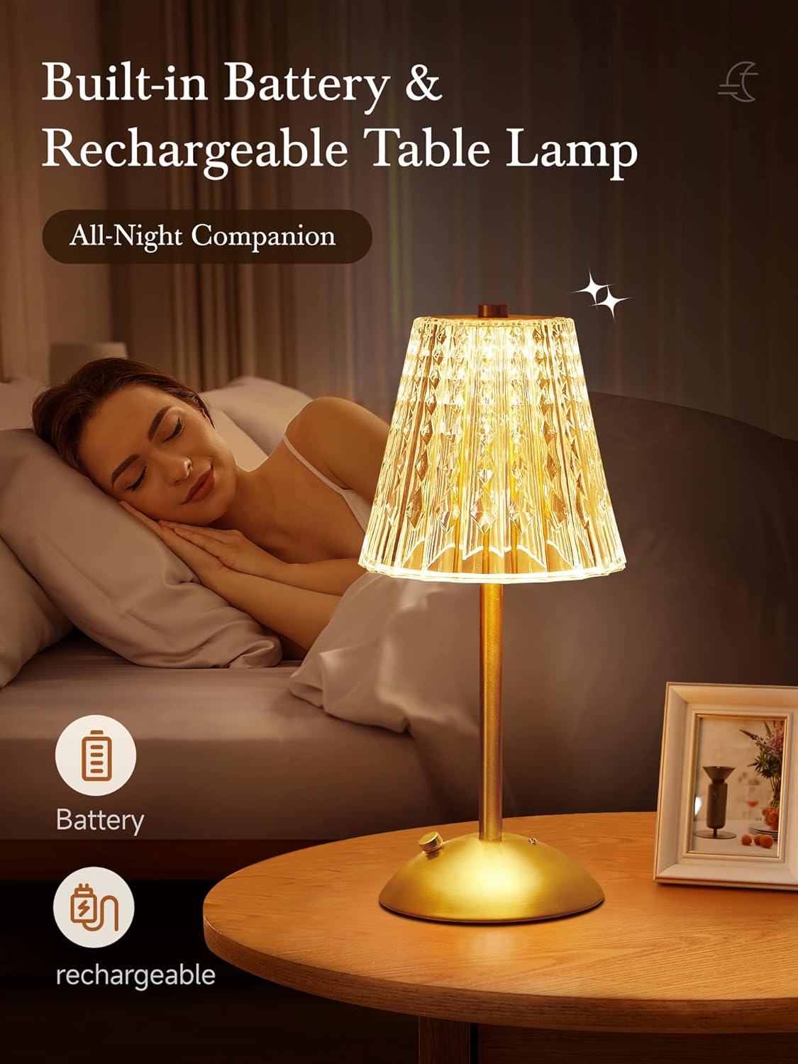 One Fire Nightstand Lamps Set of 2, Dimmable Crystal Table Lamp 3 Colors Gold Lamp,Touch Lamp Bedroom Lamps, Rechargeable Small Lamp, Bedside Lamps Set of 2 for Bedroom Living Room Bathroom Hotel Bar-3