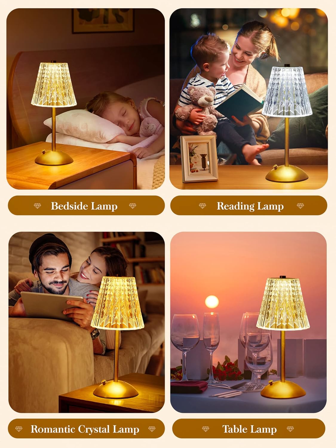 One Fire Nightstand Lamps Set of 2, Dimmable Crystal Table Lamp 3 Colors Gold Lamp,Touch Lamp Bedroom Lamps, Rechargeable Small Lamp, Bedside Lamps Set of 2 for Bedroom Living Room Bathroom Hotel Bar-4