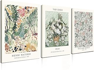 Induslyfe Framed Sage Green Vintage Wall Art Canvas Decor Set of 3, Matisse Wall Art Prints Posters Mid Century Modern Art, Aesthetic Floral Botanical wall art for bedroom, living room, bathroom 12x16