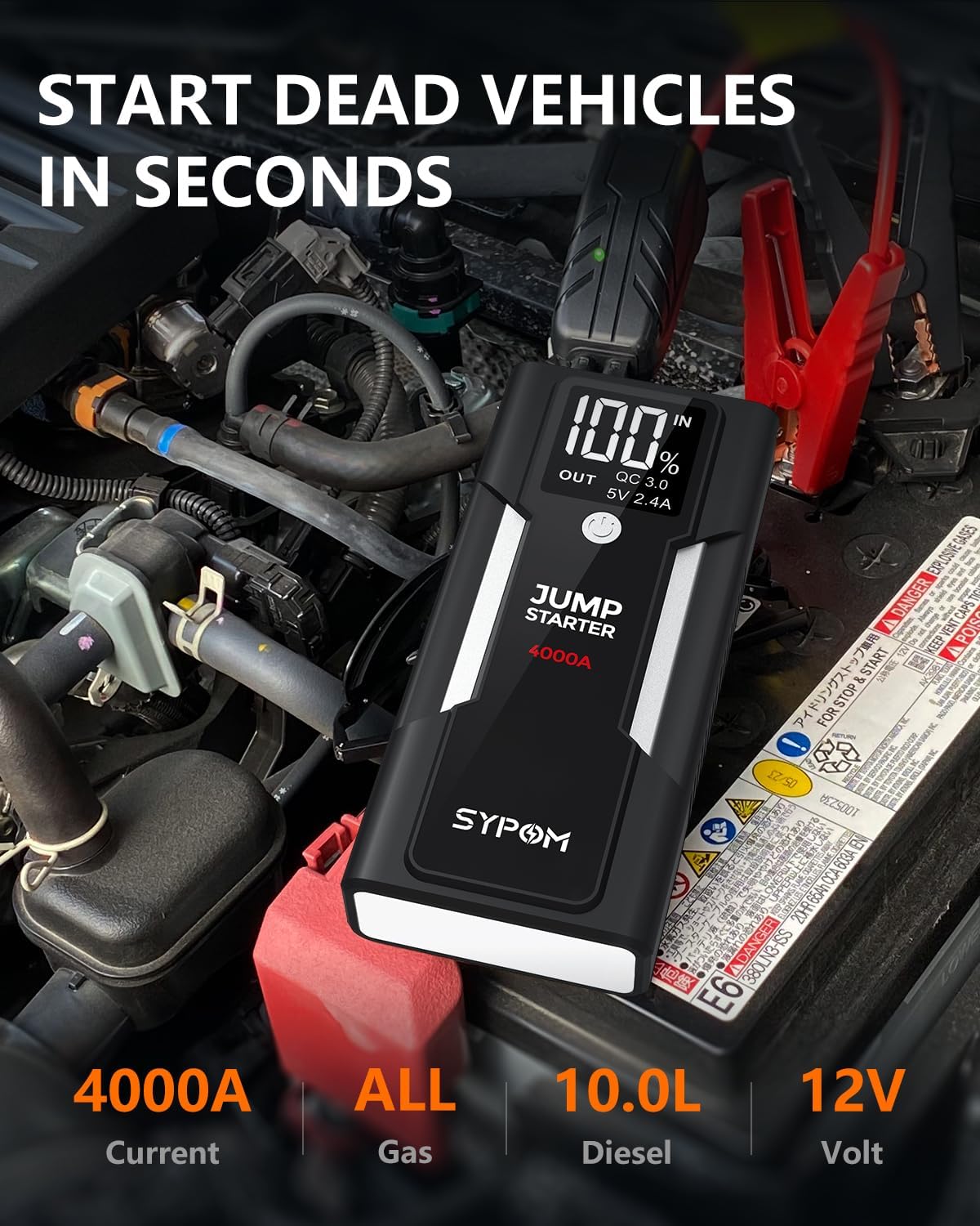 Jump Starter, 4000A Peak Car Battery Jump Starter (for All Gas or Up to 10L Diesel), Portable Car Starter Battery Pack with Extended Smart Jumper Cables,12V Auto Jump Box with LED Light-1