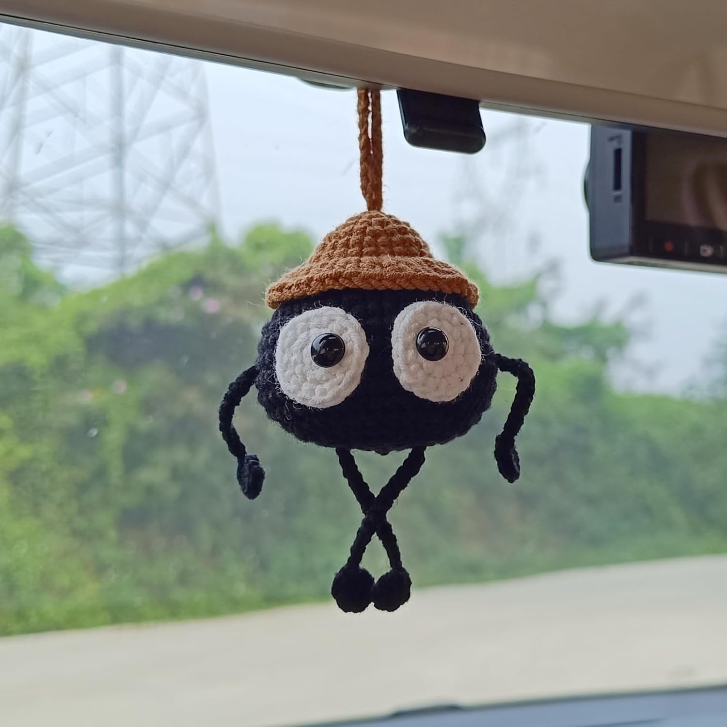 Cute Soot Sprite Elf Car Decor, Anime Rear View Mirror Car Accessories Hanging Ornament, Car Charm Dashboard Decorations Funny Gifts for Women Men (Hand Crochet 1 Pcs + Mini 10 Pcs)-1