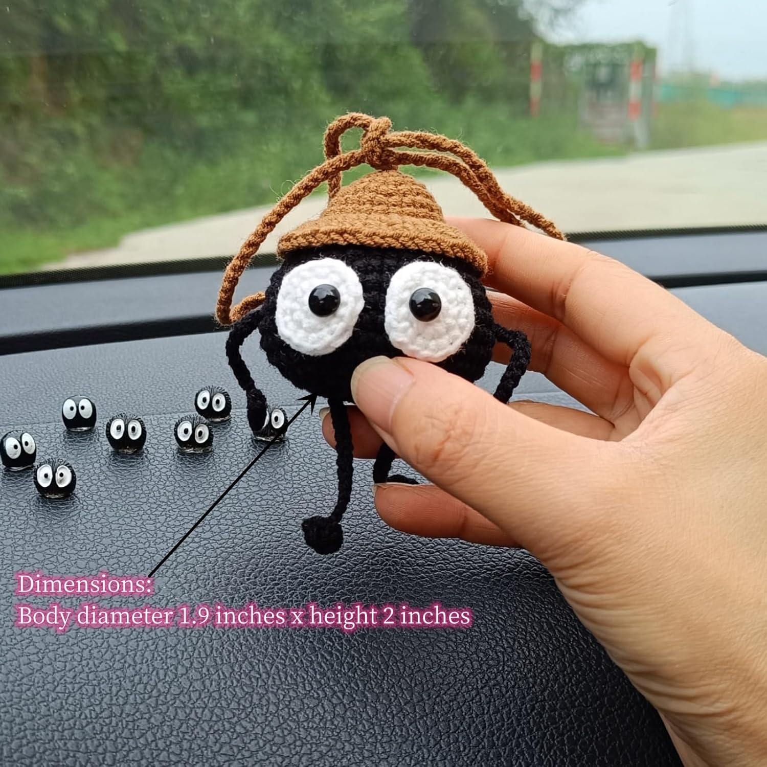 Cute Soot Sprite Elf Car Decor, Anime Rear View Mirror Car Accessories Hanging Ornament, Car Charm Dashboard Decorations Funny Gifts for Women Men (Hand Crochet 1 Pcs + Mini 10 Pcs)-3