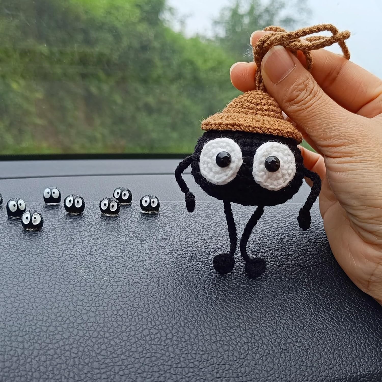 Cute Soot Sprite Elf Car Decor, Anime Rear View Mirror Car Accessories Hanging Ornament, Car Charm Dashboard Decorations Funny Gifts for Women Men (Hand Crochet 1 Pcs + Mini 10 Pcs)-5