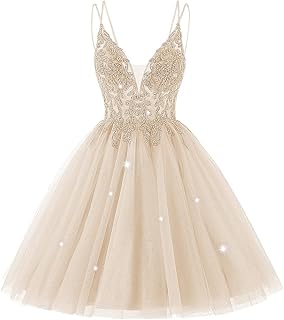 TIRAS Sparkly Tulle Homecoming Dresses for Teens Short Spaghetti Straps Beaded Cocktail Gowns CM115