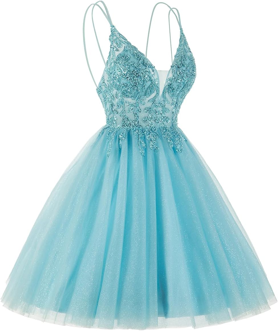 TIRAS Sparkly Tulle Homecoming Dresses for Teens Short Spaghetti Straps Beaded Cocktail Gowns CM115-1