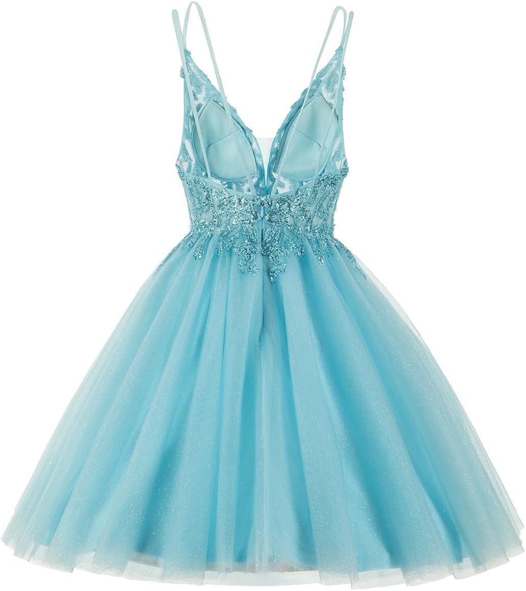 TIRAS Sparkly Tulle Homecoming Dresses for Teens Short Spaghetti Straps Beaded Cocktail Gowns CM115-2