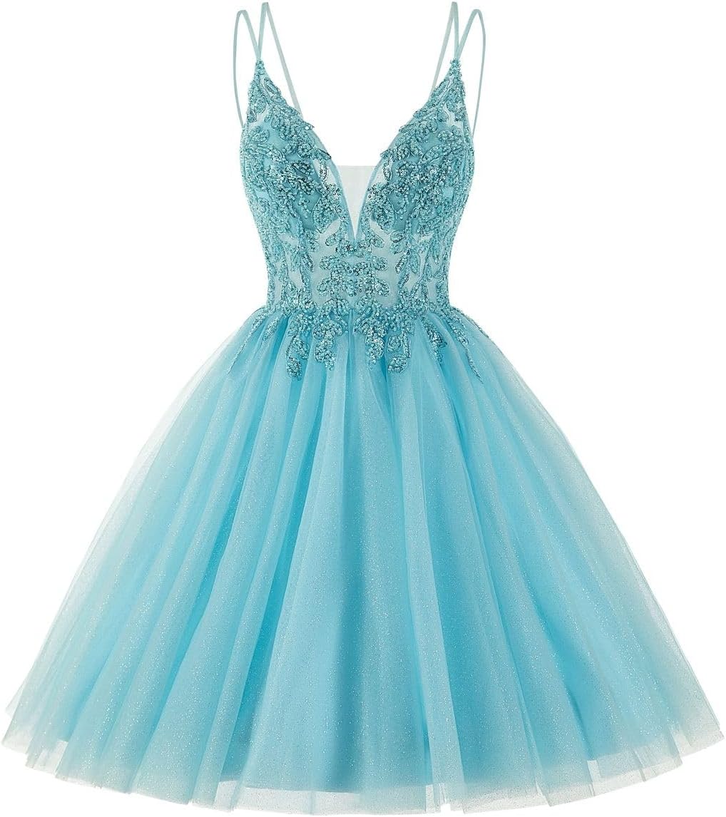 TIRAS Sparkly Tulle Homecoming Dresses for Teens Short Spaghetti Straps Beaded Cocktail Gowns CM115-3