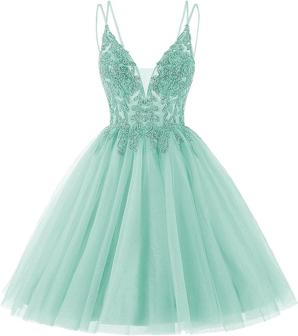 TIRAS Sparkly Tulle Homecoming Dresses for Teens Short Spaghetti Straps Beaded Cocktail Gowns CM115-4