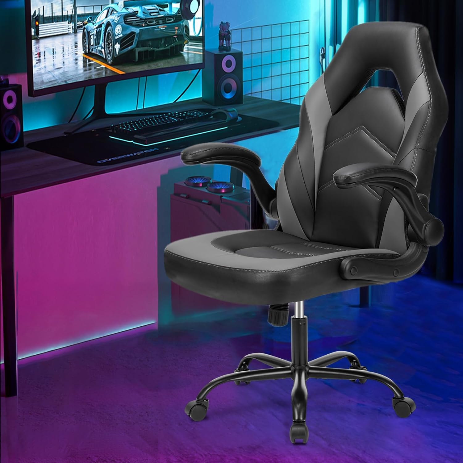 Sweetcrispy Computer Gaming Desk Chair - Ergonomic PU Leather with Comfy Lumbar Support, Height Adjustable Rolling Desk with Flip-up Armrests, for Home and Office-1