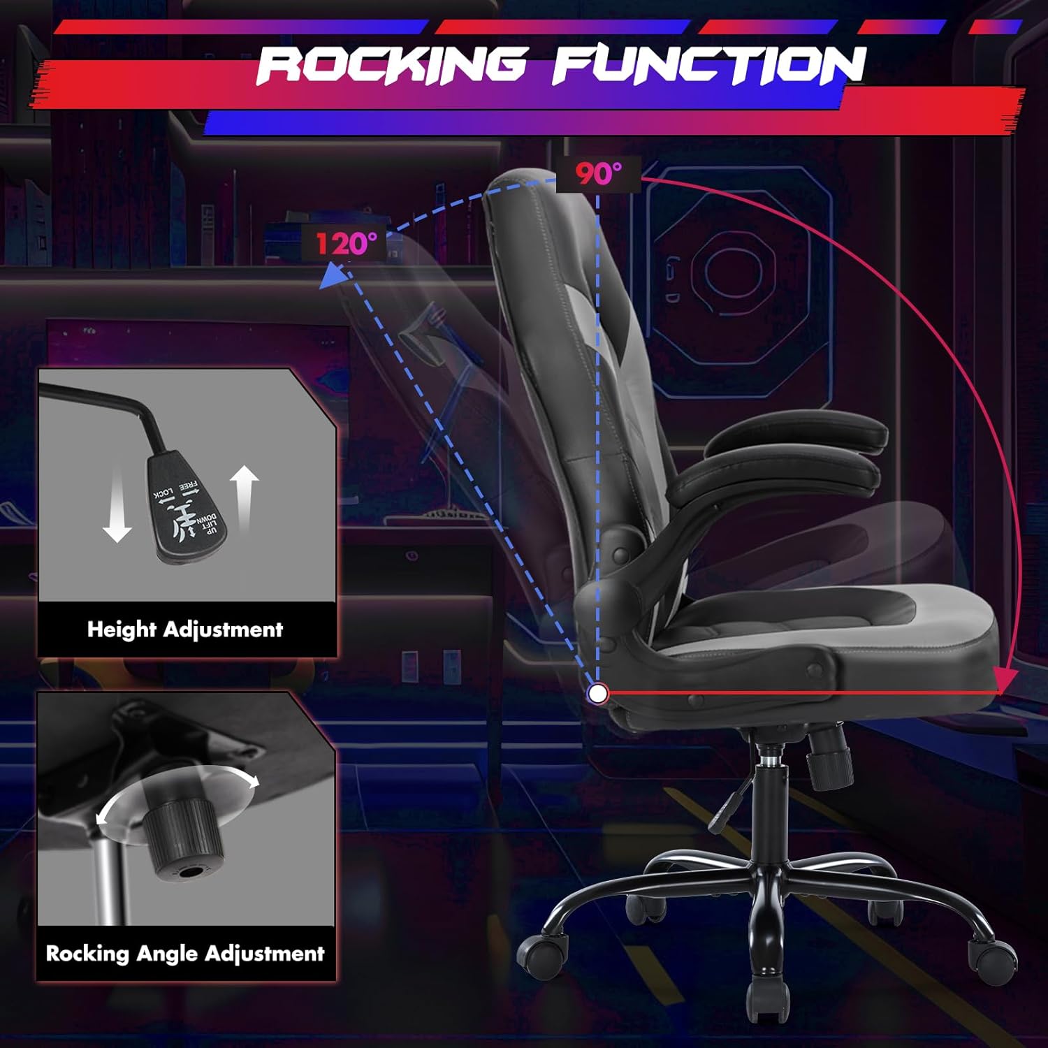 Sweetcrispy Computer Gaming Desk Chair - Ergonomic PU Leather with Comfy Lumbar Support, Height Adjustable Rolling Desk with Flip-up Armrests, for Home and Office-3